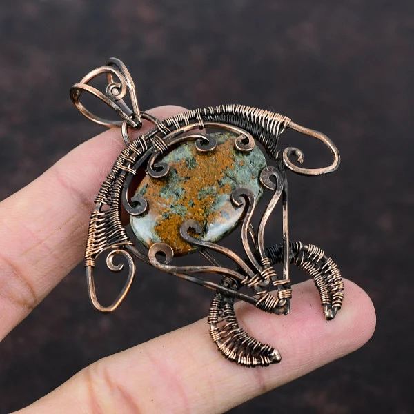 Spessartine Garnet in Limestone Oval Green Handmade Copper Wire Wrapped Pendant