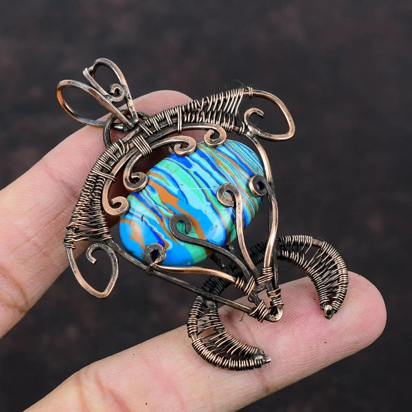 Rainbow Calsilica Oval Blue Handmade Copper Wire Wrapped Pendant