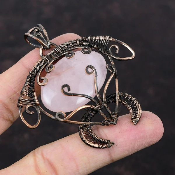 Rose Quartz Oval Pink Handmade Copper Wire Wrapped Pendant