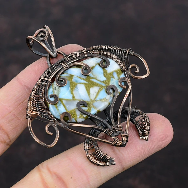 Copper Larimar Oval Blue Handmade Copper Wire Wrapped Pendant
