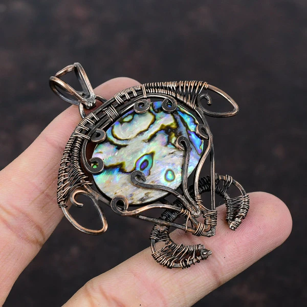 Abalone Shell Oval Green Handmade Copper Wire Wrapped Pendant