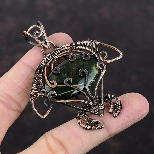 Bloodstone Oval Green Handmade Copper Wire Wrapped Pendant