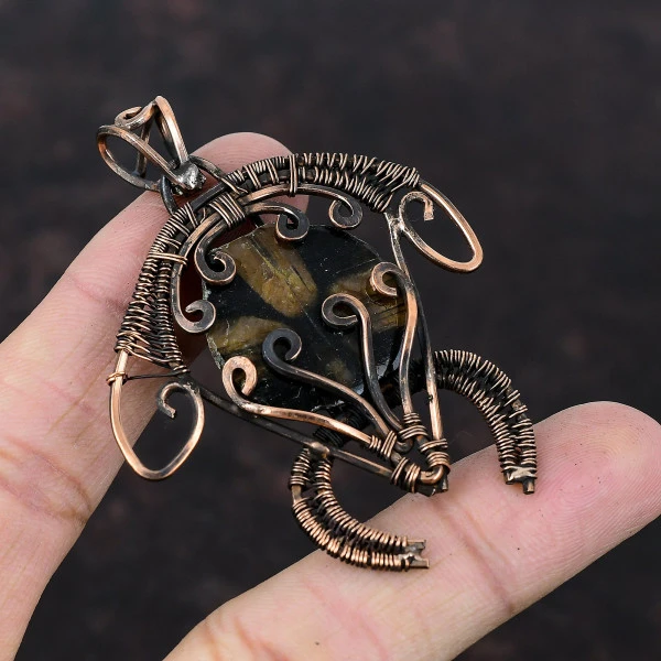Chiastolite Pentagon Brown Handmade Copper Wire Wrapped Pendant