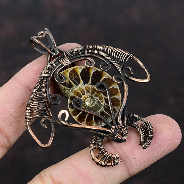 Ammonite Fossil Pear Brown Handmade Copper Wire Wrapped Pendant
