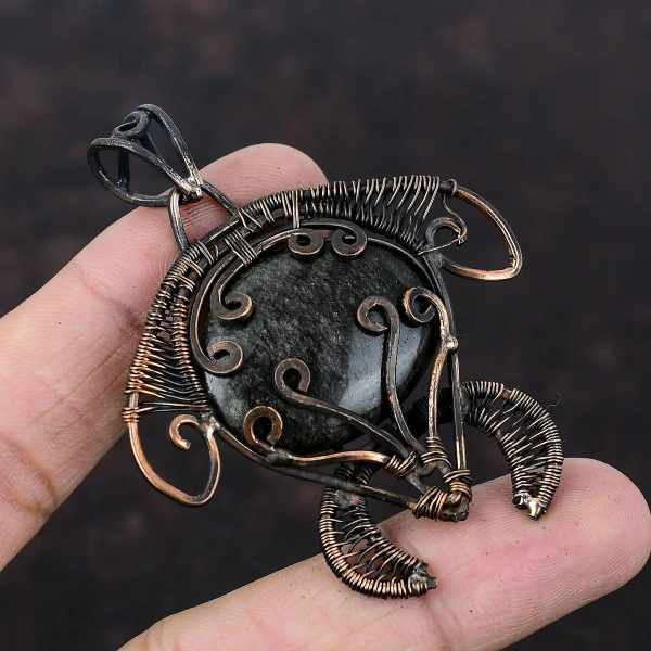 Silver Sheen Obsidian Oval Black Handmade Copper Wire Wrapped Pendant