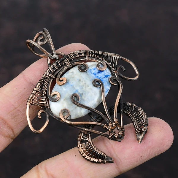Blue Scheelite Oval Blue Handmade Copper Wire Wrapped Pendant