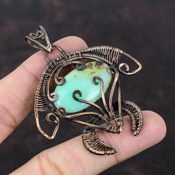 Chrysoprase Oval Green Handmade Copper Wire Wrapped Pendant