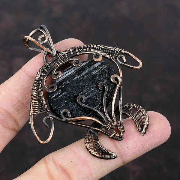 Black Tourmaline Rough Oval Black Handmade Copper Wire Wrapped Pendant
