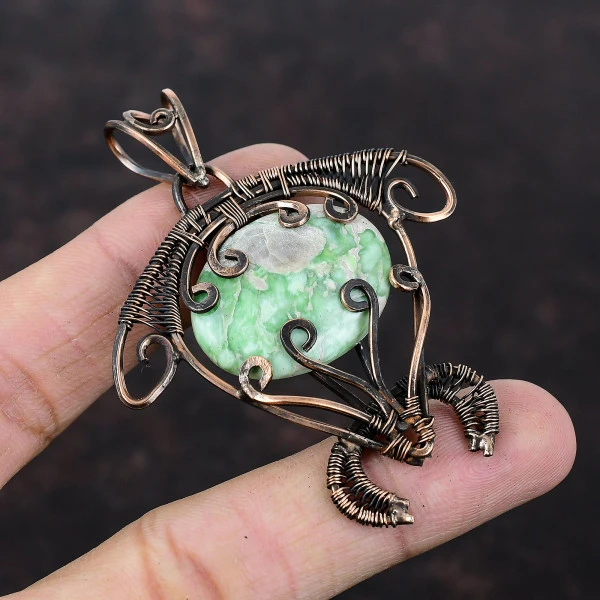 Variscite Oval Green Handmade Copper Wire Wrapped Pendant
