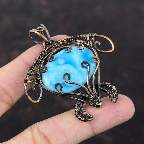 Hemimorphite Oval Blue Handmade Copper Wire Wrapped Pendant