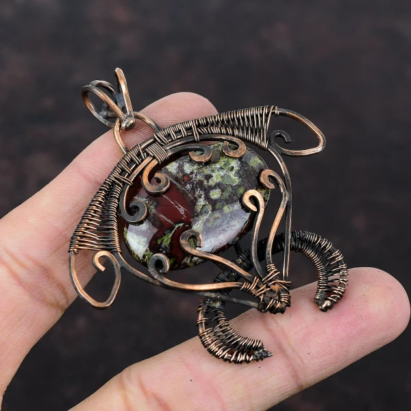 Dragon Bloodstone Oval Green Handmade Copper Wire Wrapped Pendant