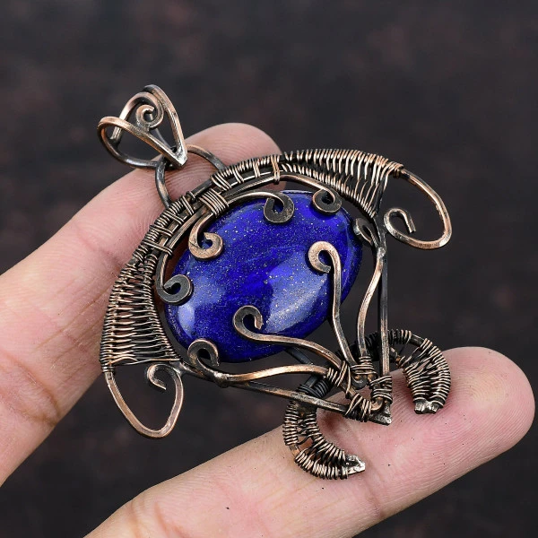 Lapis Lazuli Oval Blue Handmade Copper Wire Wrapped Pendant