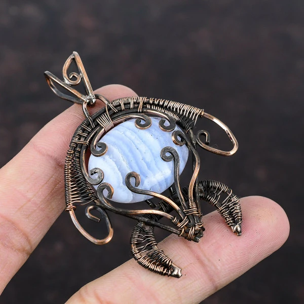 Blue Lace Agate Oval Blue Handmade Copper Wire Wrapped Pendant