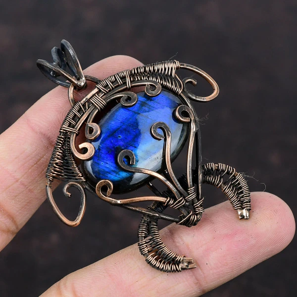 Labradorite Oval Blue Handmade Copper Wire Wrapped Pendant