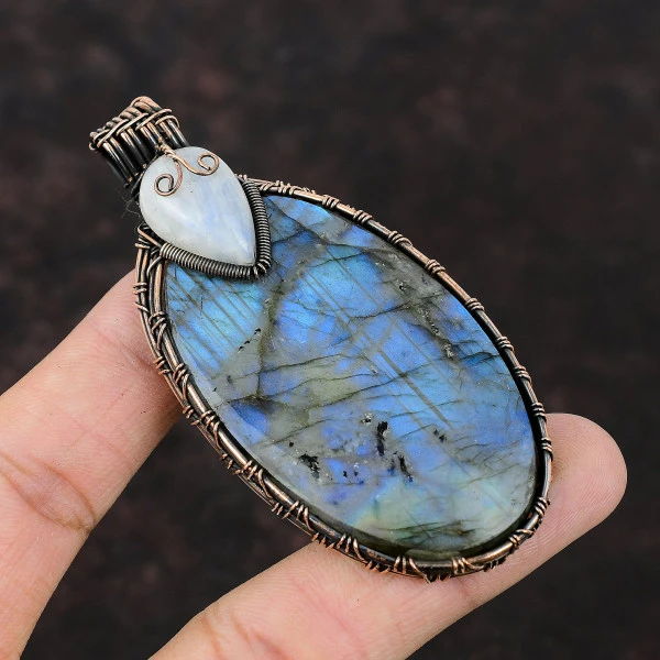 Labradorite Oval Blue Handmade Copper Wire Wrapped Pendant