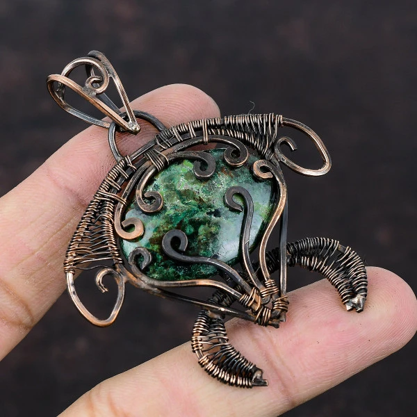 Cuprite Chrysocolla Oval Green Handmade Copper Wire Wrapped Pendant