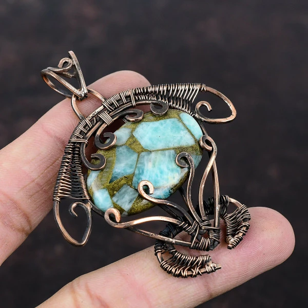 Copper Amazonite Oval Green Handmade Copper Wire Wrapped Pendant
