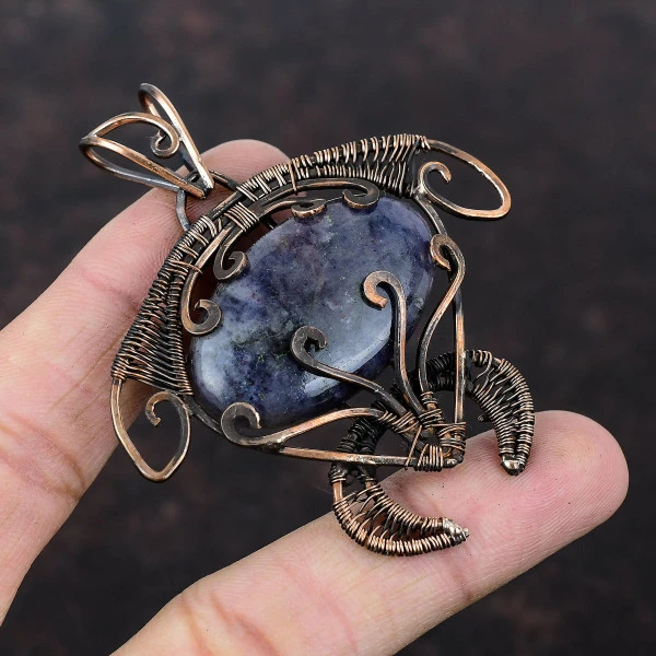 lolite Sunstone Oval Purple Handmade Copper Wire Wrapped Pendant