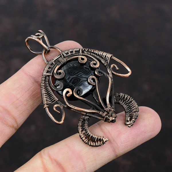 Psilomelane Oval Black Handmade Copper Wire Wrapped Pendant
