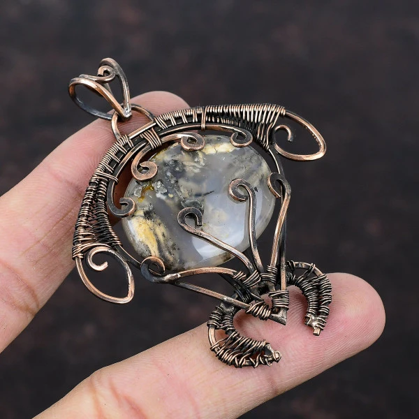 Plume Agate Oval Gray Handmade Copper Wire Wrapped Pendant