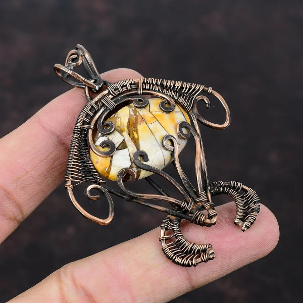 Brecciated Mookaite Oval Yellow Handmade Copper Wire Wrapped Pendant