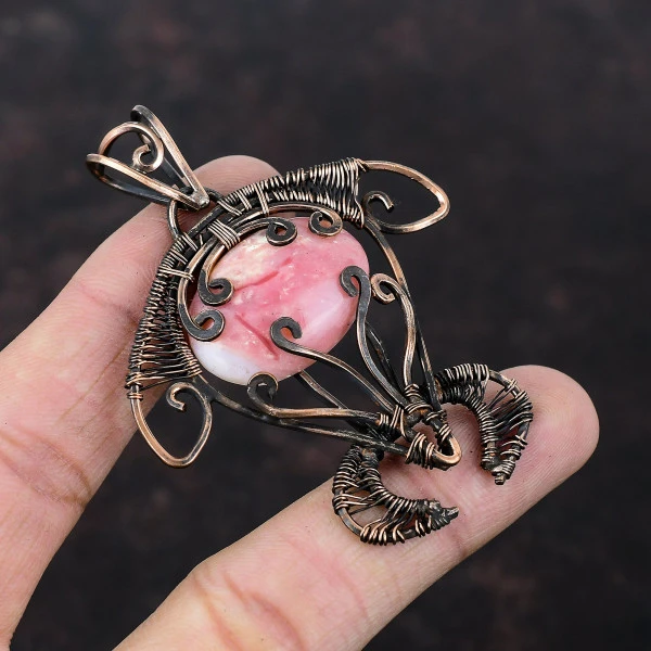 Rhodochrosite Oval Pink Handmade Copper Wire Wrapped Pendant
