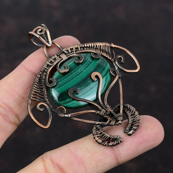 Malachite Oval Green Handmade Copper Wire Wrapped Pendant