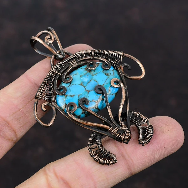 Copper Blue Turquoise Oval Blue Handmade Copper Wire Wrapped Pendant
