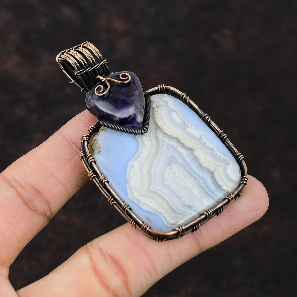 Blue Lace Agate Radiant Blue Handmade Copper Wire Wrapped Pendant