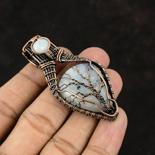 Rainbow Moonstone Pear White Handmade Copper Wire Wrapped Pendant