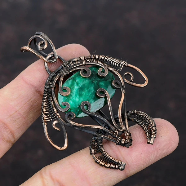 Zambian Emerald Oval Green Handmade Copper Wire Wrapped Pendant