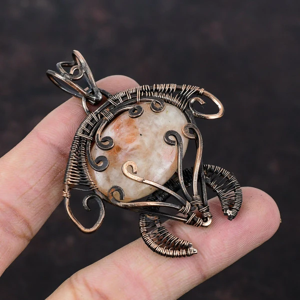 Sunstone Oval Orange Handmade Copper Wire Wrapped Pendant