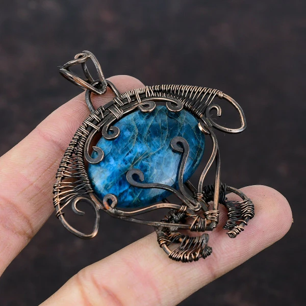 Neon Apatite Oval Blue Handmade Copper Wire Wrapped Pendant