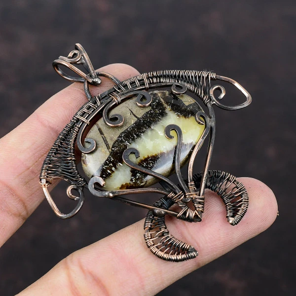 Septarian Oval Brown Handmade Copper Wire Wrapped Pendant