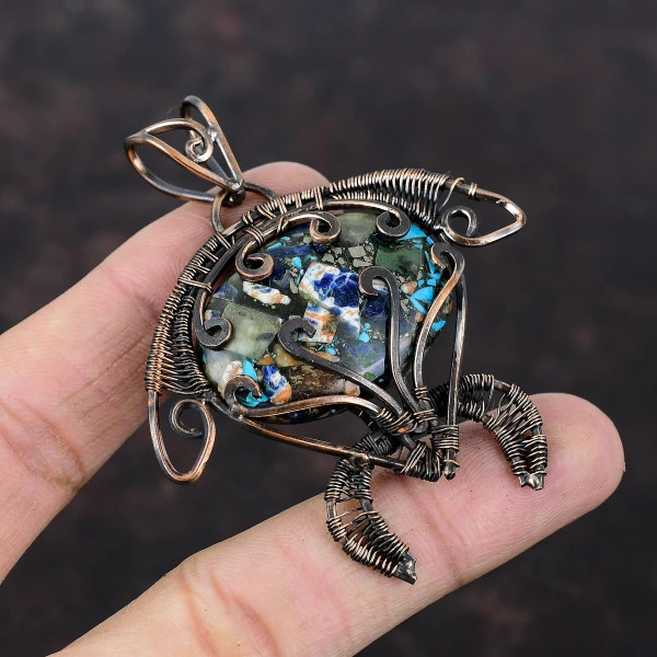 Copper Multi Turquoise Oval Blue Handmade Copper Wire Wrapped Pendant