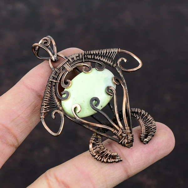 Lemon Chrysoprase Oval Green Handmade Copper Wire Wrapped Pendant