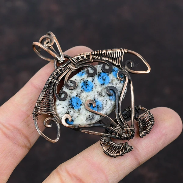 K2 Jasper Oval White Handmade Copper Wire Wrapped Pendant