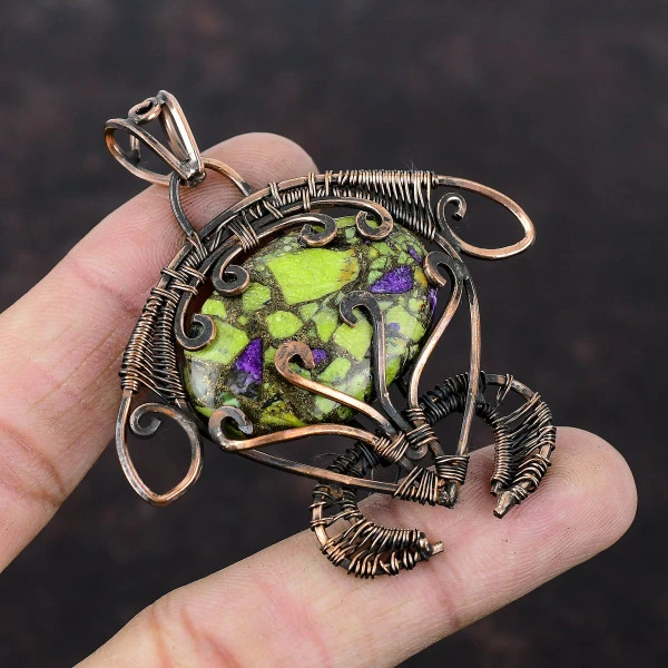 Copper Stichtite Oval Green Handmade Copper Wire Wrapped Pendant