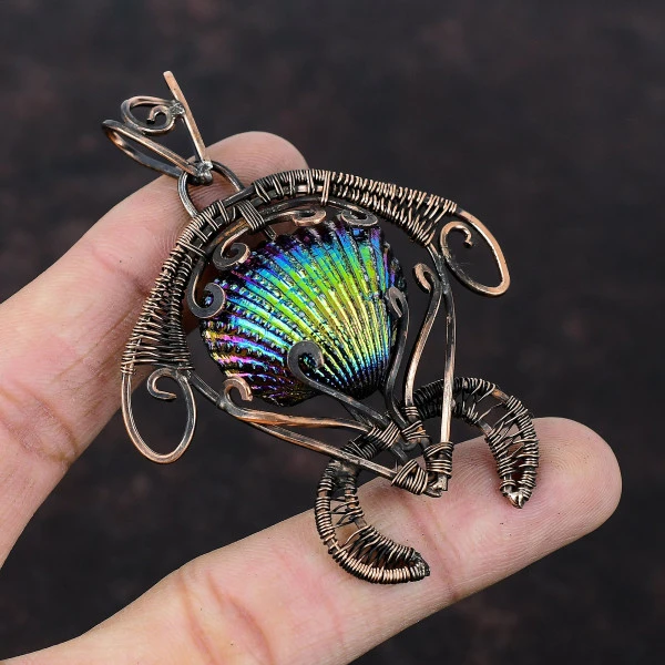 Titanium Coated Shell Trillion Green Handmade Copper Wire Wrapped Pendant