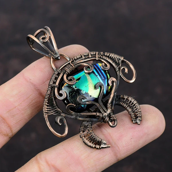 American Dichroic Glass Radiant Black Handmade Copper Wire Wrapped Pendant