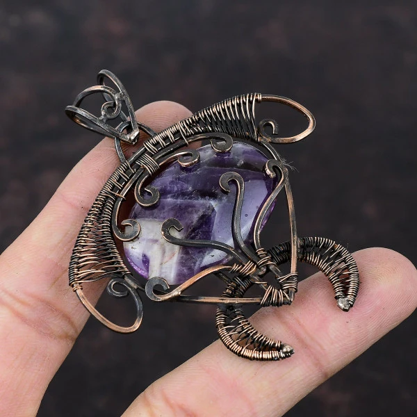 Chevron Amethyst Oval Purple Handmade Copper Wire Wrapped Pendant