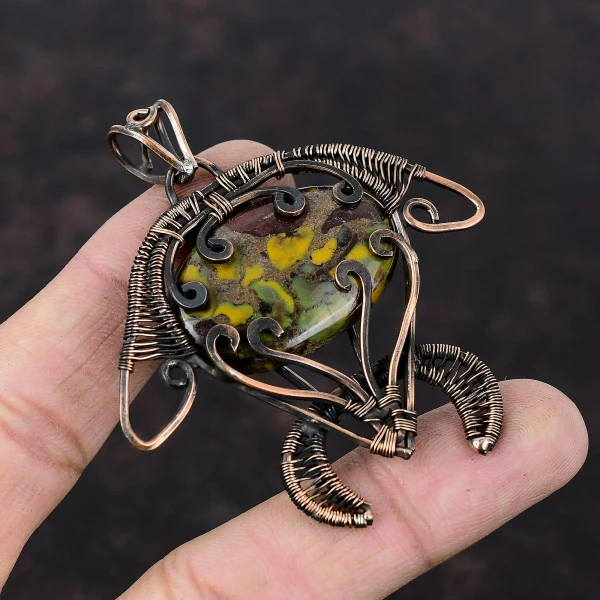 Fruit Jasper Oval Yellow Handmade Copper Wire Wrapped Pendant