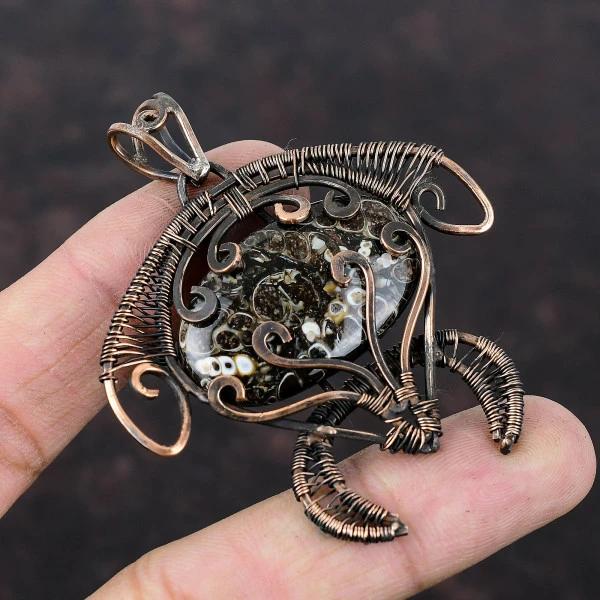 Turritella Agate Oval Brown Handmade Copper Wire Wrapped Pendant