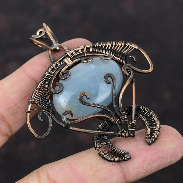 Aquamarine Oval Blue Handmade Copper Wire Wrapped Pendant