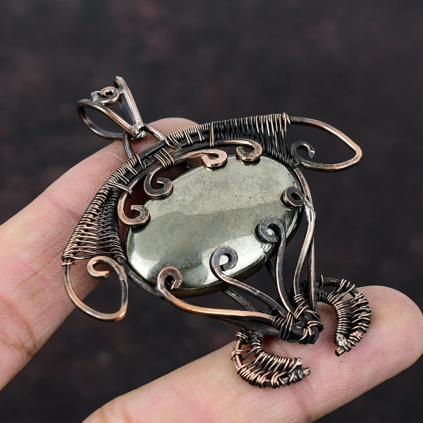 Apache Pyrite Oval Gold Handmade Copper Wire Wrapped Pendant