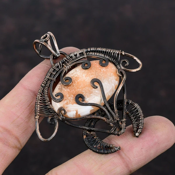 Scolecite Oval Peach Handmade Copper Wire Wrapped Pendant