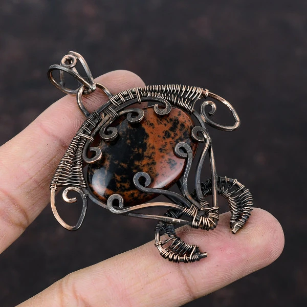 Mahogany Obsidian Oval Brown Handmade Copper Wire Wrapped Pendant