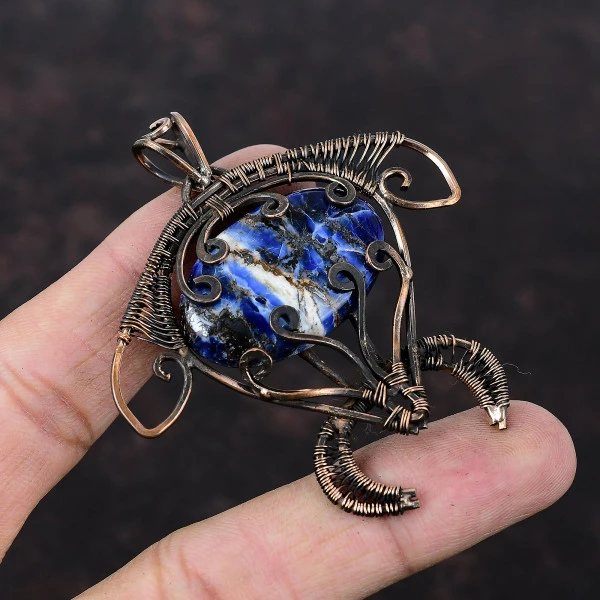 Sodalite  Oval Blue Handmade Copper Wire Wrapped Pendant