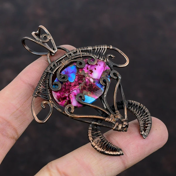 Natural Kingman Pink Dahlia Turquoise Oval Pink Handmade Copper Wire Wrapped Pendant
