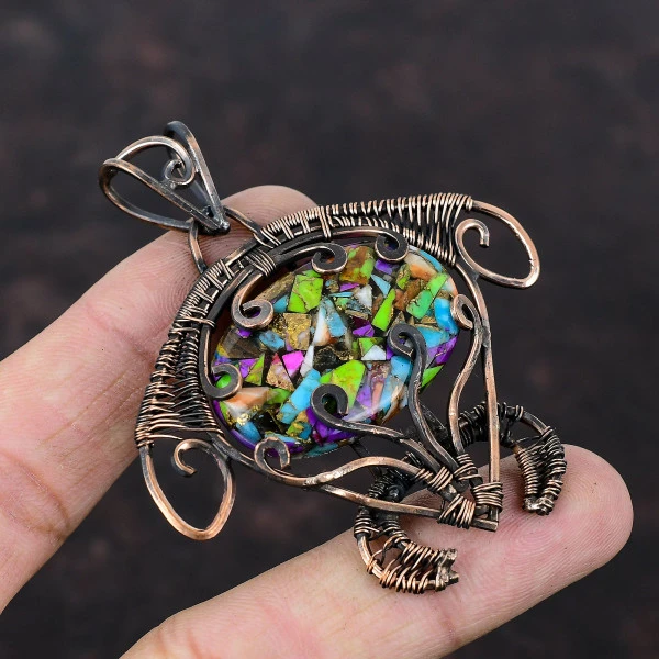 Fiesta Kingman Turquoise Oval Green Handmade Copper Wire Wrapped Pendant